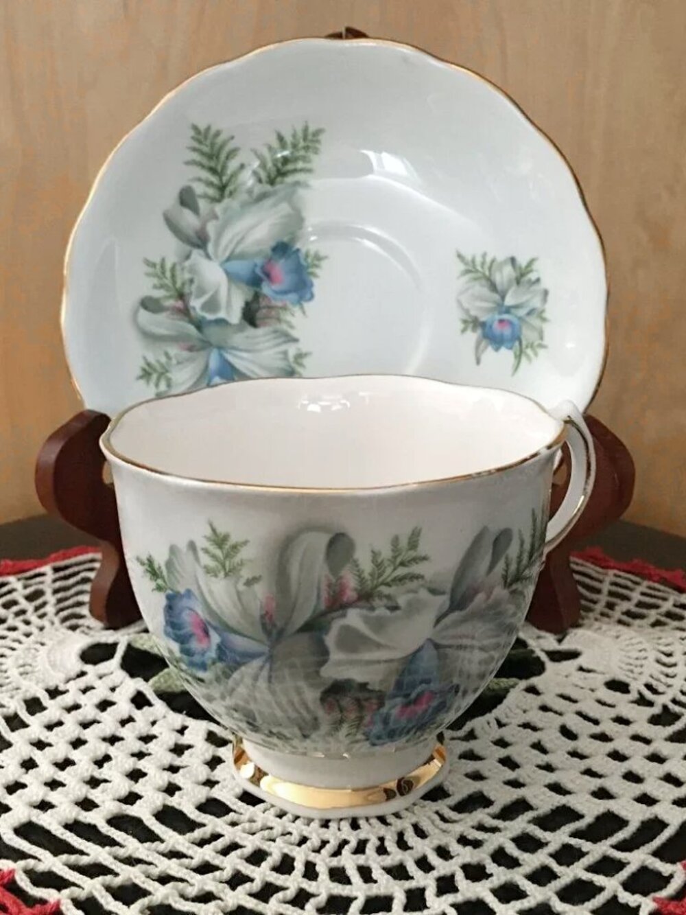 Colclough England Bone China Blue Flowering Fern Teacup Saucer Regencycore